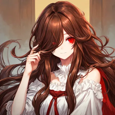 hair covering one eye,long hair,red eyes,soft smile,brown hair