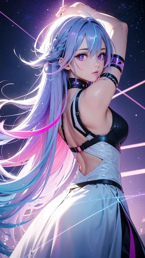 1 girl, 20 year old girl, one person, (Silver blue hair streaked pink purple:1.4), (Gradient sky blue hair ends:1.6), hair strand, absurdly long hair, single sidelock, wavy hair, shiny hair, floating hair, (Illusion deep purple eyes), delicate eyes, aqua e...