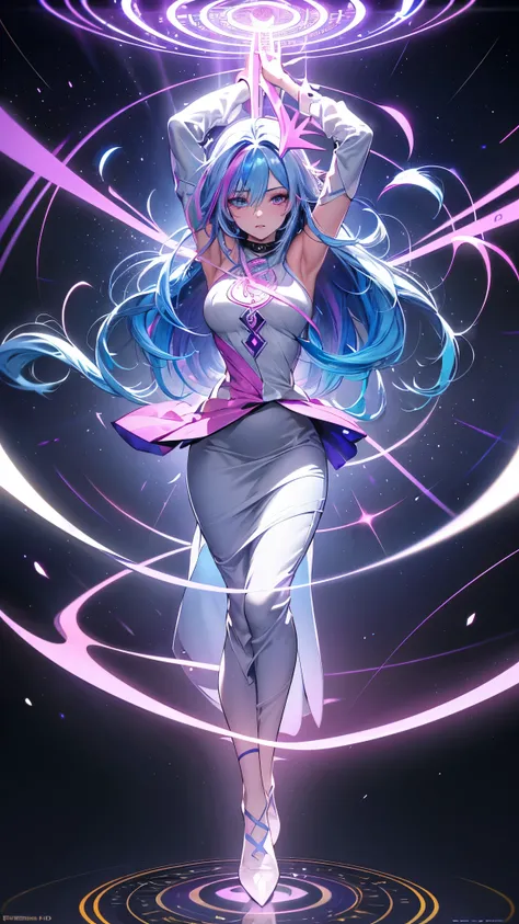 1 girl, 20 year old girl, one person, (Silver blue hair streaked pink purple:1.4), (Gradient sky blue hair ends:1.6), hair strand, absurdly long hair, single sidelock, wavy hair, shiny hair, floating hair, (Illusion deep purple eyes), delicate eyes, aqua e...