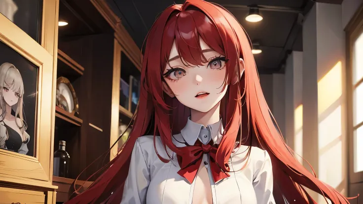 red long hair, masterpiece work, best quality, high resolution;,Improved detail，best quality，Perfect image quality，beautiful and sexy, first person view, small spots under the eyes , pretty, 큰 chest, 8K, ,chest 크게, pure white skin, chest, Beloved, exciteme...