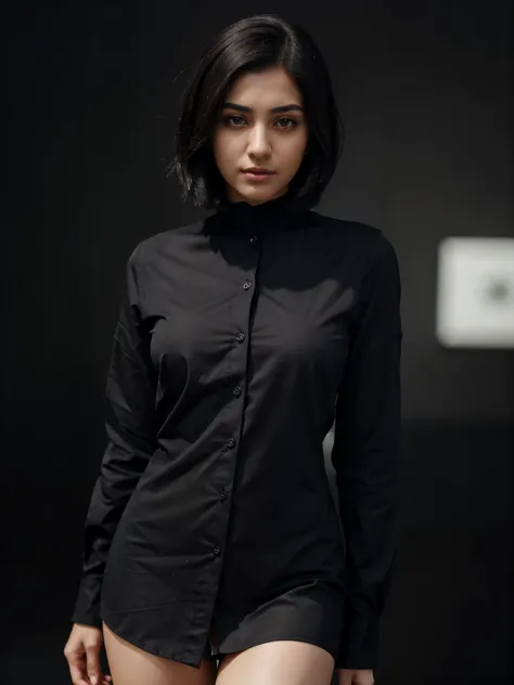 Ultra-HD-details, detailed eyes, black bob hair, close-up, medium format photography, Bokeh, f1.8, plain black background, classy button shirt, (elegant, modest), Golsifteh Farahani, Iranian girl, perfect body shape, perfect anatomy, hyper detail 