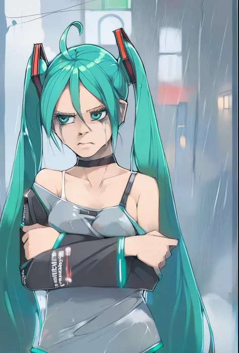 score_9, score_8_up, score_7_up, score_6_up, akinbo_style BREAK
1girl, solo, frown, hatsune miku, hair ornament, aqua eyes, strap slip, off shoulder, ahoge, black choker, frown, half-closed eyes, outdoors, street, rain, gray sky, black shirt, long sleeves,...