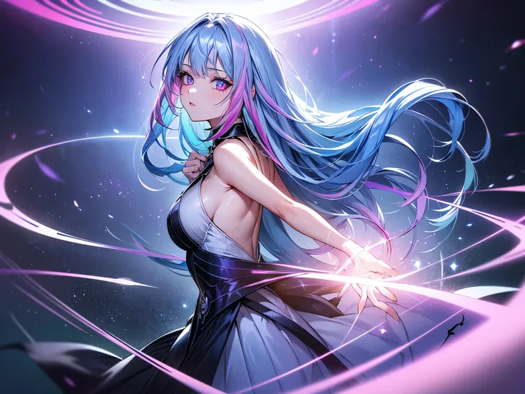 1 girl, 20 year old girl, one person, (Silver blue hair streaked pink purple:1.4), (Gradient sky blue hair ends:1.6), hair strand, absurdly long hair, single sidelock, wavy hair, shiny hair, floating hair, (Illusion deep purple eyes), delicate eyes, aqua e...