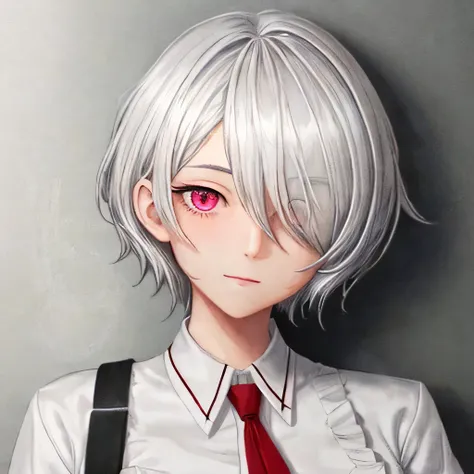 hair covering one eye,short hair,red eyes,soft smile,silver hair,adult