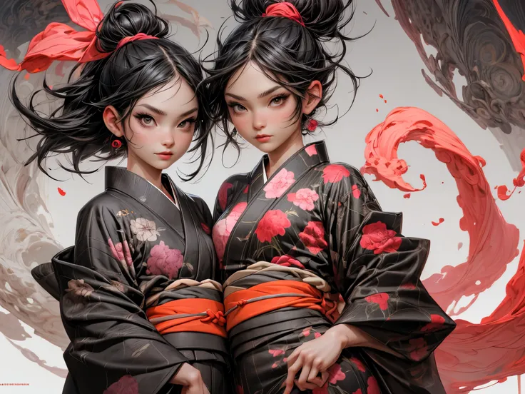 Anime - style illustration of two women with purple hair and black hair., Beautiful sisters in black and pink yukata, On a steampunk background, Detailed digital anime art, Gouache style art, artgerm and rossdraws, wlop and artgerm, A very detailed RTM pat...