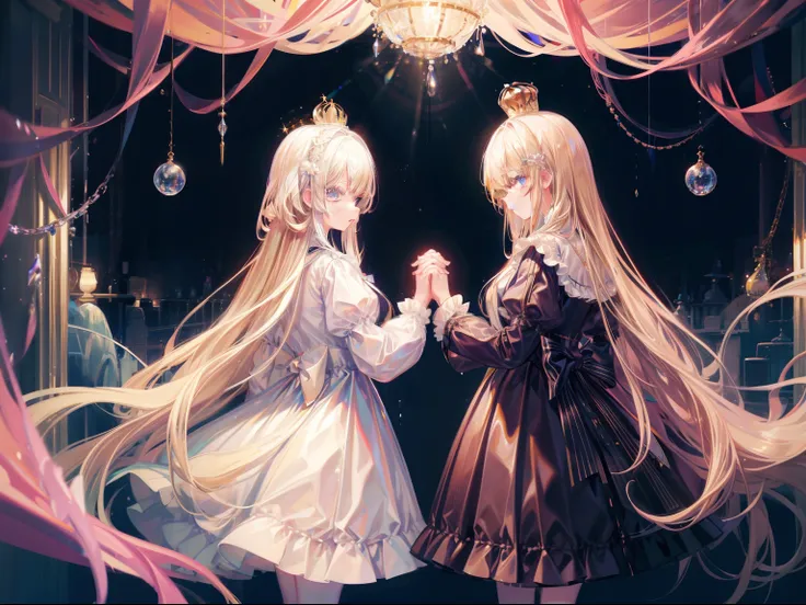 two girls、holding hands、黒いlolita、白いlolita、amazing shiny golden long hair，blonde, white clothes，frills, small crown, Queen, Eyes are light blue，eyes are purple、This is a cute sweet girl，soft girl, lolita,alice through the looking glass, chess, mirror room, ...