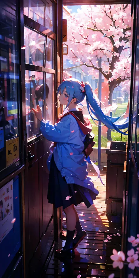 wearing an academic gown　light blue long hair　Beautiful girl with twin tails　Cherry blossoms outside the window　Cherry blossom petals are dancing　A group of classmates are watching