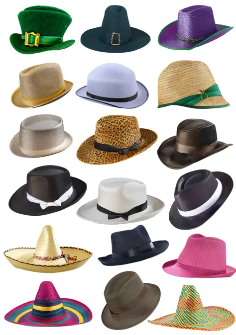 a close up of a bunch of hats with different colors, hats, top hats, various styles, cute hats, hat,  hats, fancy funny hat, fancy hat, sombrero, wearing a fedora, fedora, wearing a bowler hat, wearing a hat, tophat, fancy flashy hat, various colors, high ...