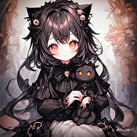 Cute girl in a black gothic dress with a decoration on her head and cat ears