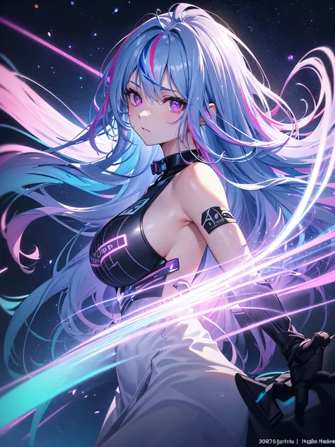 1 girl, 20 year old girl, one person, (Silver blue hair streaked pink purple:1.4), (Gradient sky blue hair ends:1.6), hair strand, absurdly long hair, single sidelock, wavy hair, shiny hair, floating hair, (Illusion deep purple eyes), delicate eyes, aqua e...