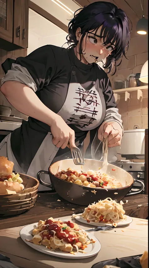 (Desesperado, com fome, morrendo de fome, voraz, insatiable:1.5), mulher gordinha em casa, cooking a big meal. She eats the entire meal alone, mesmo que haja outras pessoas na casa que poderiam ter comido, comida na camisa, gorduroso, (Melhor qualidade), (...