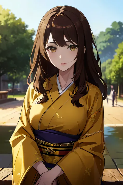 (masterpiece, absurdity, Best quality:1.4), complex parts, cowboy shot, bokeh effect, A high resolution, 8K, Very beautiful woman, mature woman, , dressed in kimono, long brown hair, Yellow eyes, golden eyes
