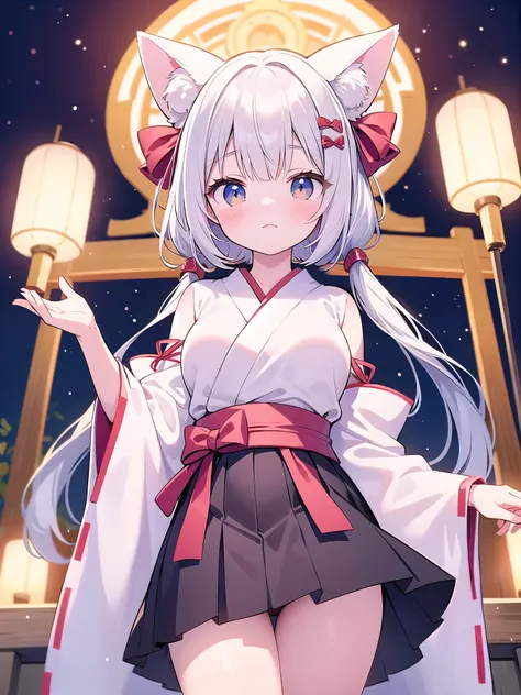 （masterpiece）、(highest quality)、((Super detailed))、(super delicate)、Erotic cute shrine maiden、silver hair、Kemonomimi、beautiful breasts、beautiful thighs、Gorgeous、fantastic light、look up from below