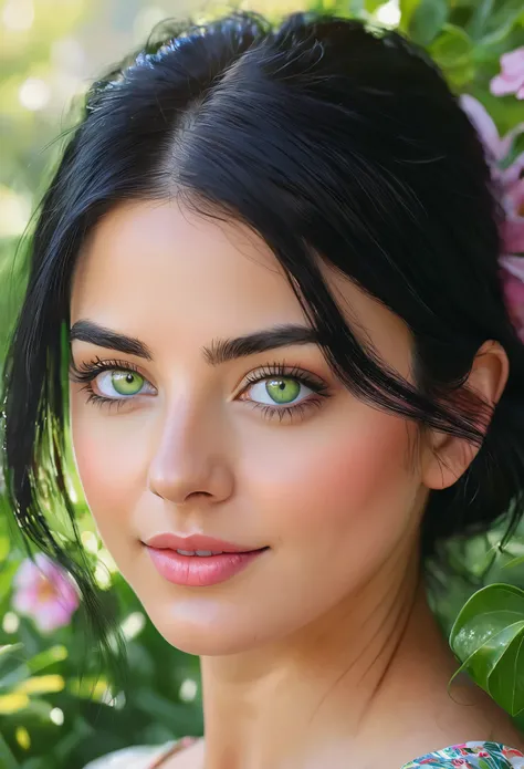 girl with black hair,green eyes,(best quality,ultra-detailed,realistic:1.37),fine art,portrait,vivid colors,soft lighting,medium brush strokes,detailed face,expressive eyes,long black hair,green eyes sparkle,delicate features,subtle smile,serene expression...