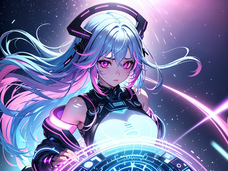 1 girl, 20 year old girl, one person, (Silver blue hair streaked pink purple:1.4), (Gradient sky blue hair ends:1.6), hair strand, absurdly long hair, single sidelock, wavy hair, shiny hair, floating hair, (Illusion deep purple eyes), delicate eyes, aqua e...