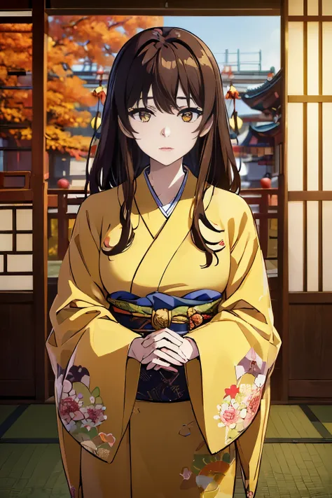 (masterpiece, absurdity, Best quality:1.4), complex parts, cowboy shot, bokeh effect, A high resolution, 8K, (japanese architecture, Chinese Architecture), Very beautiful woman, mature woman, , dressed in kimono, long brown hair, Yellow eyes, golden eyes
