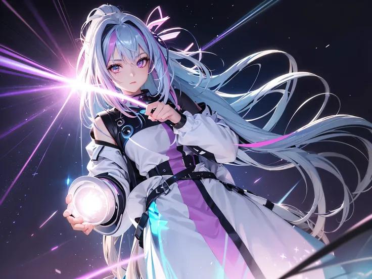 1 girl, 20 year old girl, one person, (Silver blue hair streaked pink purple:1.4), (Gradient sky blue hair ends:1.6), hair strand, absurdly long hair, single sidelock, wavy hair, shiny hair, floating hair, (Illusion deep purple eyes), delicate eyes, aqua e...