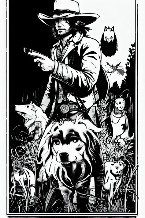 john marston with wolfes in black-white colours