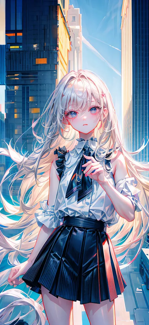 top-quality、超A high resolution、Standing in the big city、Skyscrapers、(Photorealsitic:1.4)、Female 1 Person、Sleeveless white buttoned shirt、Black skirt、Black choker、cute little、(Kpop Idle)、(attractiveness:1)、(Platinum Blonde Hair:1)、((Puffy eyes))、Look at the...