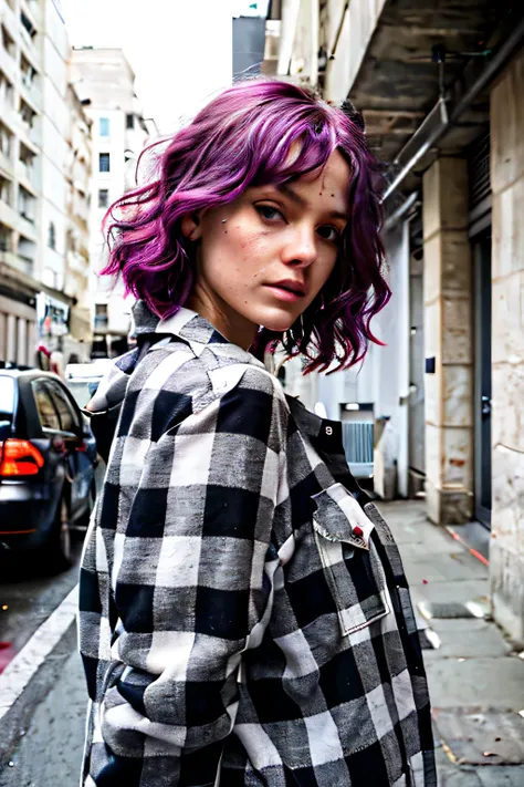 portrait du haut du corps, essence brute d&#39;a tattooed street style icon, drenched&#39;Rebel energy, wear an oversized flannel shirt, graffitis vibrants en toile de fond, mode avant-gardiste, sens, regard confiant, colored hair, des faisceaux lumineux t...