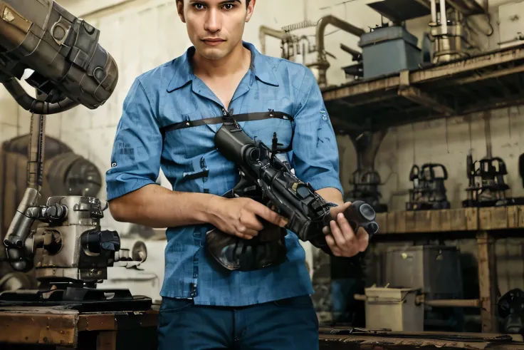 a man, age 33, wearing a blue shirt with the sleeve rolled up to the elbow, holding a machine gun