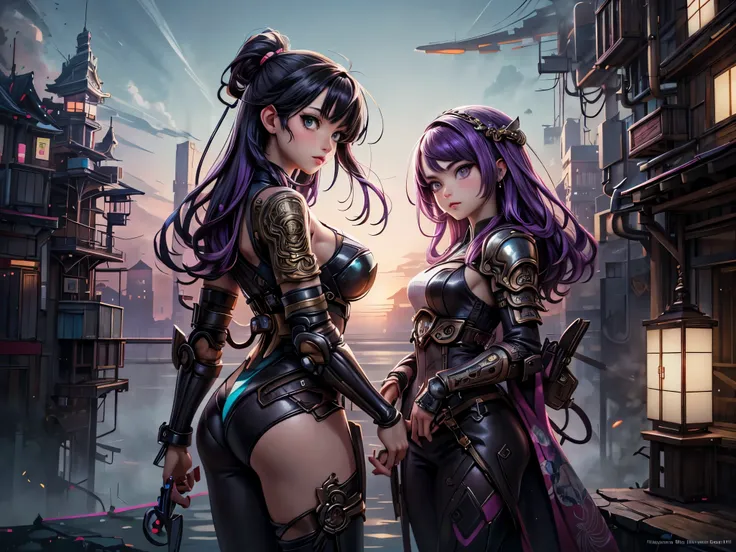 Anime - style illustration of two women with purple hair and black hair., Beautiful sisters in black and pink Japanese armor., Arrogant demeanor, Magnificent and majestic, Steam Punk City on Background, Detailed digital anime art, Gouache style art, artger...