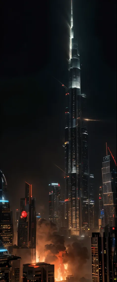 ((masterpiece, highest quality, Highest image quality, High resolution, photorealistic, Raw photo, 8K)), Godzilla, Godzilla attacks burj k
 halifa dubai at night, stomping buildings and shooting lasers from its mouth, distant view of the city at night, fir...