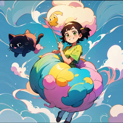 kawaii、desenho animado、Studio Ghibli style, smile, girl and cat, voando