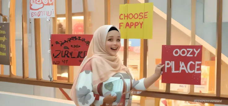 woman in hijab holding up signs in front of a store, happy expression, with a happy expression, very very happy, inspired by JoWOnder, she is happy, cheerful expression, very happy, looking happy, she expressing joy, wonderful masterpiece, happy friend, ha...