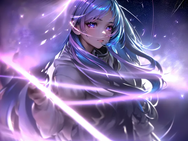 1 girl, 20 year old girl, one person, (Silver blue hair streaked pink purple:1.4), (Gradient sky blue hair ends:1.6), hair strand, absurdly long hair, single sidelock, wavy hair, shiny hair, floating hair, (Illusion deep purple eyes), delicate eyes, aqua e...