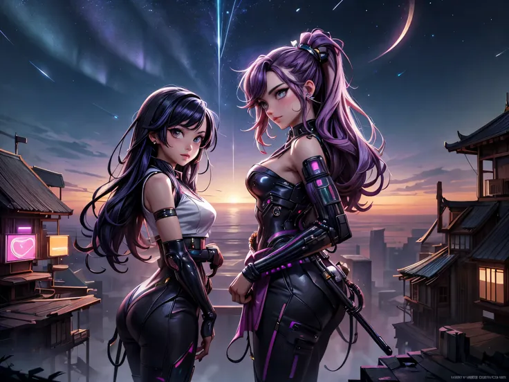 anime - style illustration of two women with purple hair and black hair., beautiful sisters in traditional thai clothing, wearin...