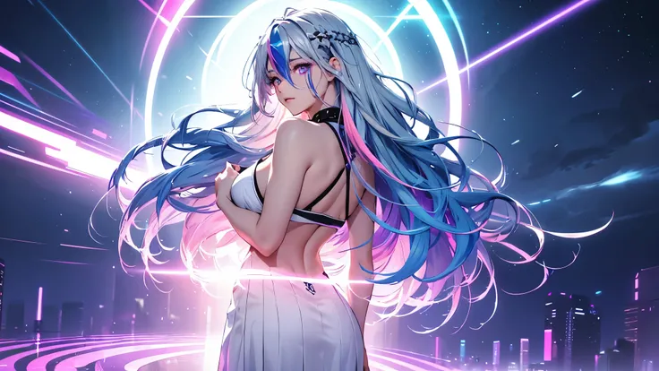 1 girl, 20 year old girl, one person, (Silver blue hair streaked pink purple:1.4), (Gradient sky blue hair ends:1.6), hair strand, absurdly long hair, single sidelock, wavy hair, shiny hair, floating hair, (Illusion deep purple eyes), delicate eyes, aqua e...