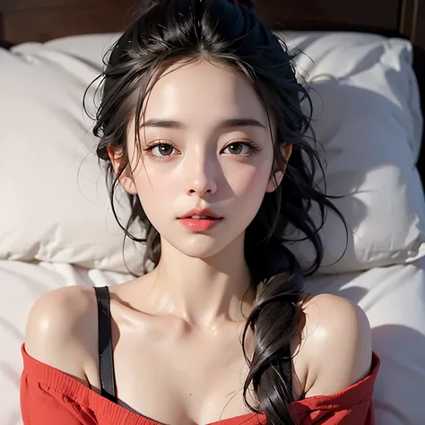 Close up shot, cute , black hair in two medium ponytails, sexy eyes, intense eye contact, small nose, red lips, orgasmic face, neck, collarbone, loose dark pink t shirt, bare shoulder, lying in bed, bed, bedroom, dark room, one lamp,, in bed