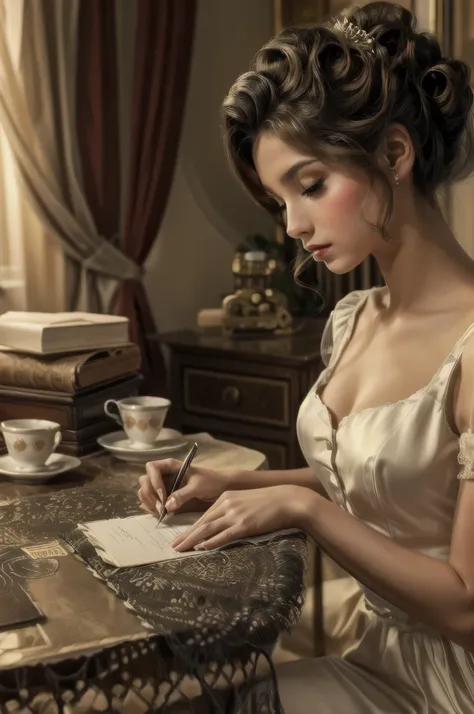 hay una mujer sentada en una mesa escribiendo en un trozo de papel, escribir una carta, retro vintage y romanticismo, elegant gi...