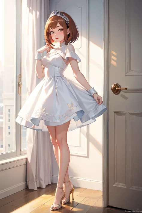 ((best quality)), ((masterpiece)), (detailed), perfect face, my hero academia, ochaco uraraka,1girl, standing, full body, cute, brown hair, short hair, golden brown eyes, two hair bangs, pink beautiful dress, detailed eyes, pink heels, pink lipstick on lip...