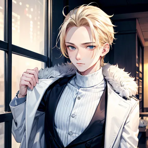 male,young,beautiful,blonde,Forehead,short hair,white coat,bad,Yankee,winter,