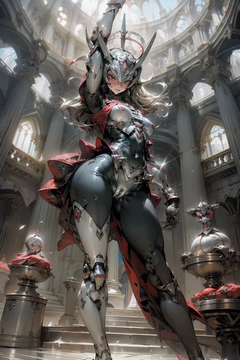 （obra maestra、8K、Ultra delicado、high resolution），(((female ultraman)))，(((No muscles，tetas grandes)))，(his head is narrowing,The body is made of red and silver.，armadura rosa,The arms have a stylized design.，En el cofre hay una calculadora redonda.，Parece ...