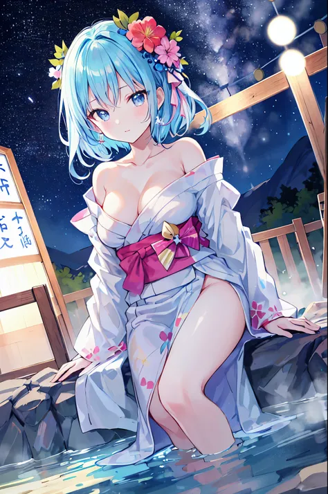 （masterpiece）、(highest quality)、((Super detailed))、(super delicate)、pastel colored hair、beautiful breasts、yukata、Hot spring at night、fantastic starry sky