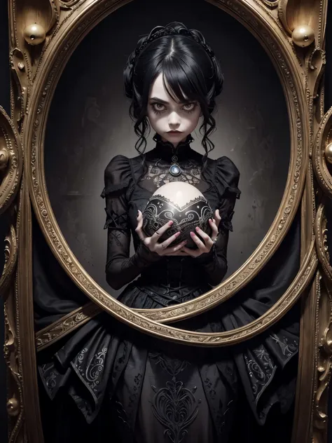 Fabergé eggs, Tim Burton style, dark surreal, intricate design, twisted characters, gothic elements, whimsical details, ornate patterns, macabre atmosphere, exaggerated proportions, hauntingly beautiful, eerie lighting, black and white with hints of vibran...