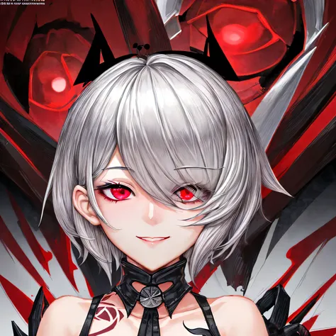 1 girl, red eyes, short silver hair covering her eyes ,yandere face, smilling, super detailed