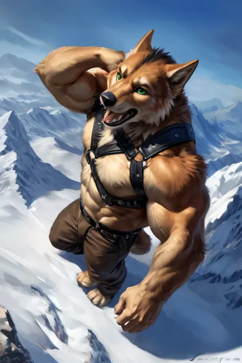 very muscular werewolf, flexing muscles, green eyes, realistic eyes, orange fur, white chest fur, black beard, very furry, standing on top of a mountain, wearing climbing harness. 4k, high resolution, best quality, perfect colors, perfect shadows, perfect ...