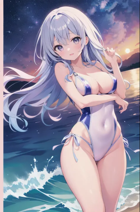 （masterpiece）、(highest quality)、((Super detailed))、(super delicate)、pastel colored hair、beautiful breasts、Eroi swimsuit、Sea of night、fantastic starry sky