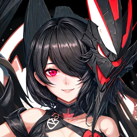 1 girl, red eyes, short black hair covering her eyes, yandere face, smilling, super detailed,mask