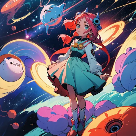 anime voando, garota voando, outer space, gatos voando ao fundo, varinha magica, sorrindo, vestido rosa com chapeu azul, bota vermelha, garota soltando poderes 
