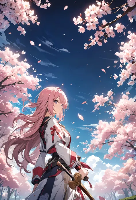 8k anime, anime art, ultra hd, ultra detailed, girl with pink hair, Against the background of cherry blossoms, sword in hand