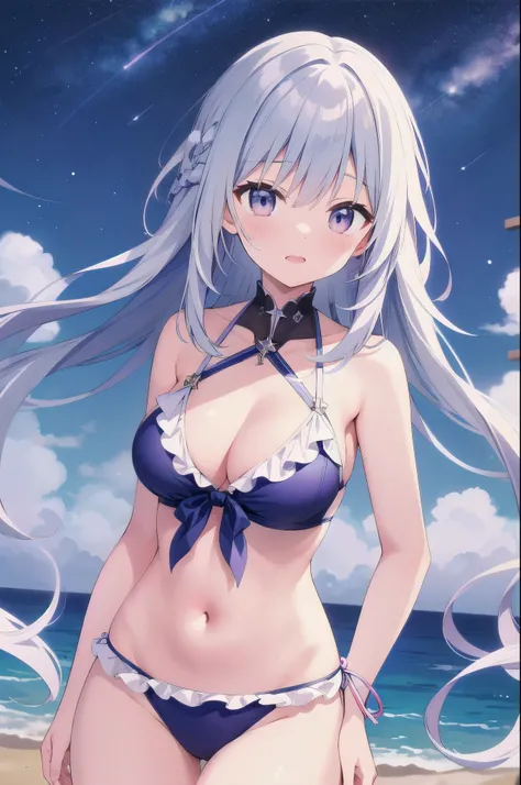 （masterpiece）、(highest quality)、((Super detailed))、(super delicate)、pastel colored hair、beautiful breasts、Erotic separate swimsuit、Sea of night、fantastic starry sky