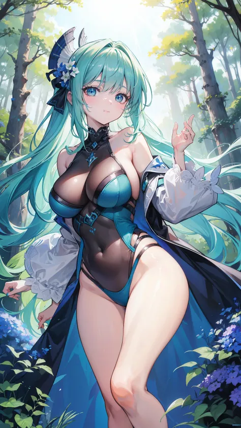 32k, best quality, ultra high res, HDR, UHD, extremely detailed CG, unity 32k wallpaper, happy girl, in the center, looking at camera, approaching perfection, dynamic, (with shades of blue ((forest green 1.5)))), very detailed, digital painting, artステーション,...