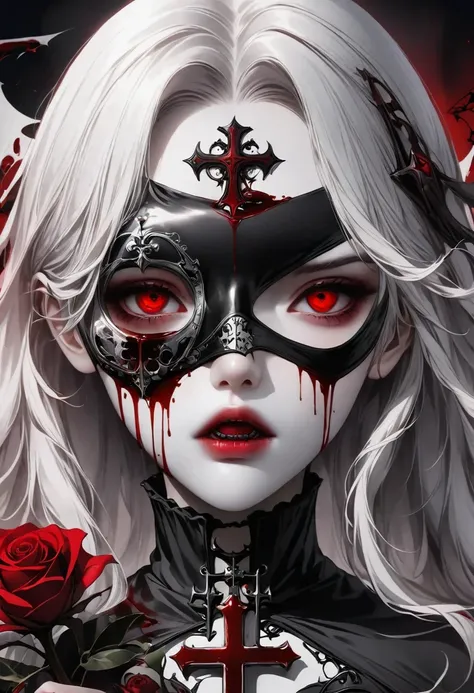 alafd image，one was wearing a black robe、girl holding red roses, blood spatter，blood pool，cross，gothic elements，beautiful goddes...