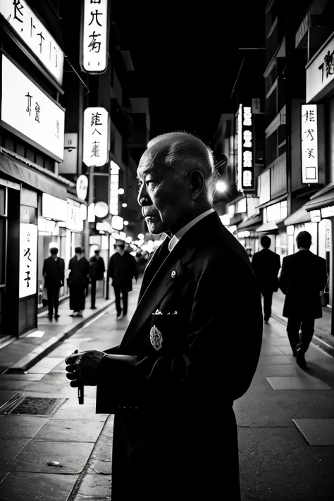 black and white photography, of an old Japanese man, yakuza, in the street, at night, smoking