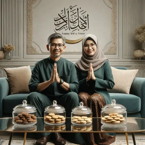 muslim couple sitting on a couch with cookies and cookies in front of them, portrait shot, backdrop, portrait, dau - al - set, dau-al-set, ruan jia and brom, happy couple, a still of a happy, happy family, movie promotional image, couple, 🔞🤡, official fana...